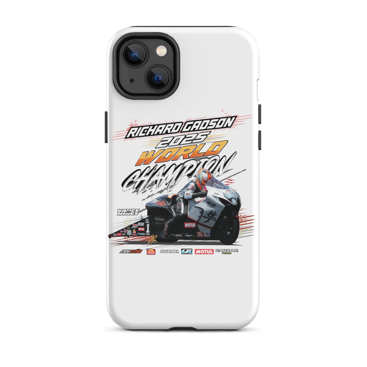 White tough iPhone case with raised camera bump and full back championship graphic.