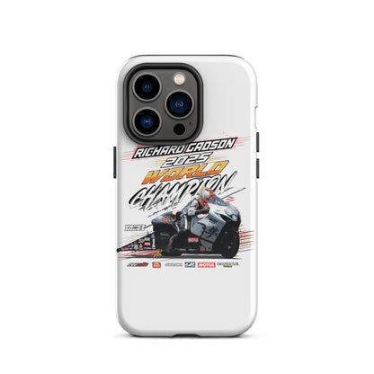 White tough iPhone case with black camera module opening and motorsport logo art.