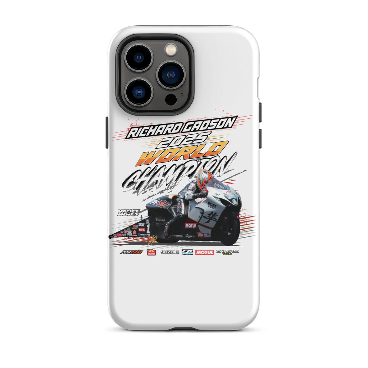 White tough iPhone case with black camera cutout and colorful racing championship print.