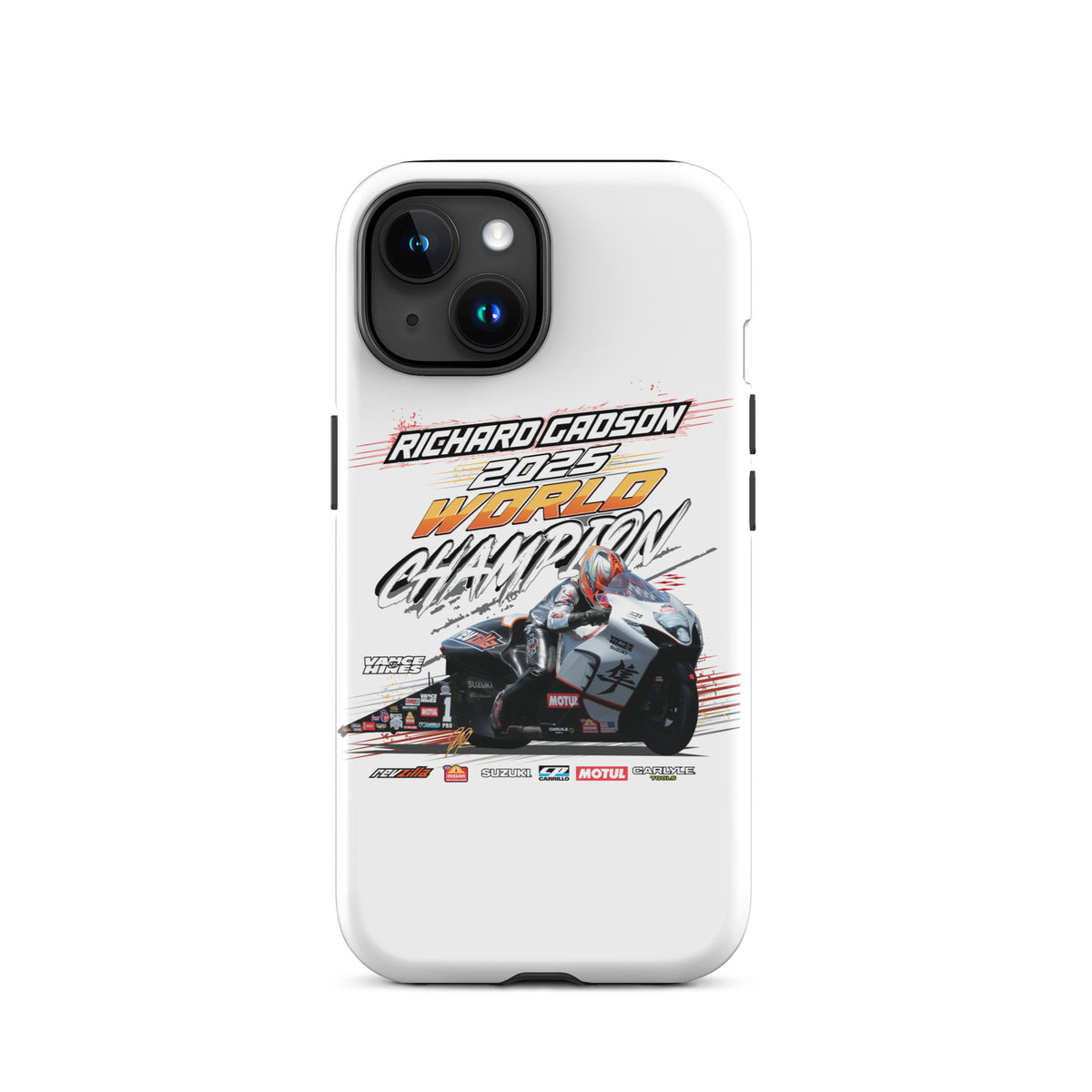 White tough iPhone case with black camera openings and bold motorsport artwork centered.