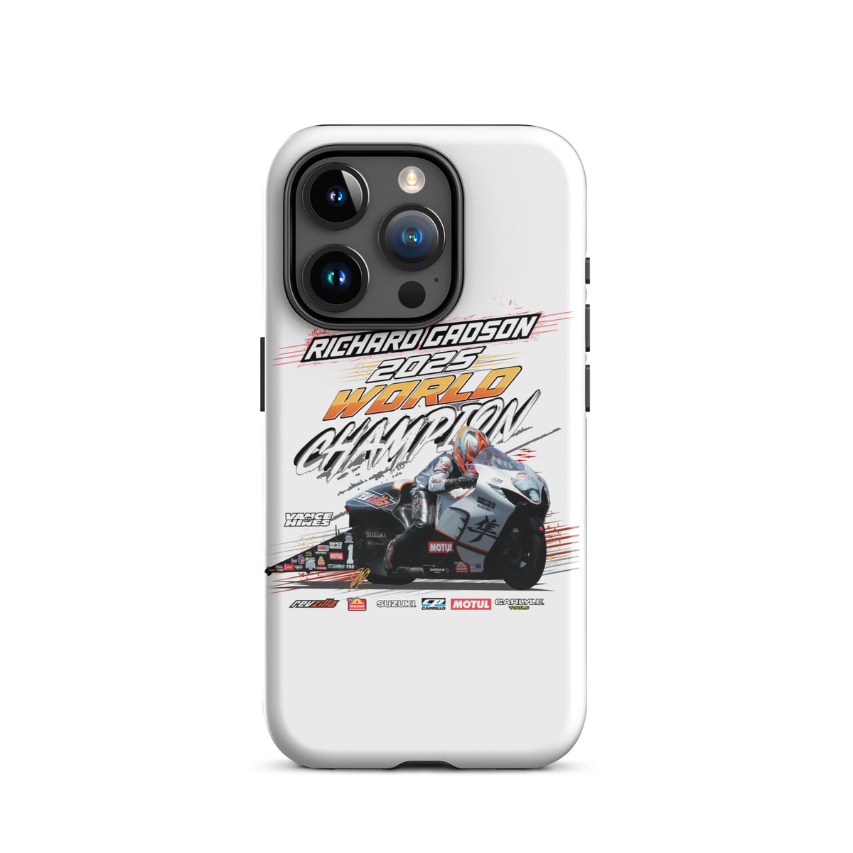 White tough iPhone case with black camera cutout and championship race graphic.