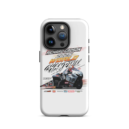 White tough iPhone case with black camera cutout and championship race graphic.