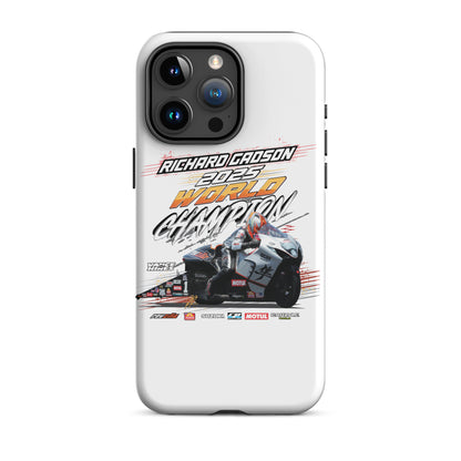 White tough iPhone case with black camera openings and detailed racing artwork.