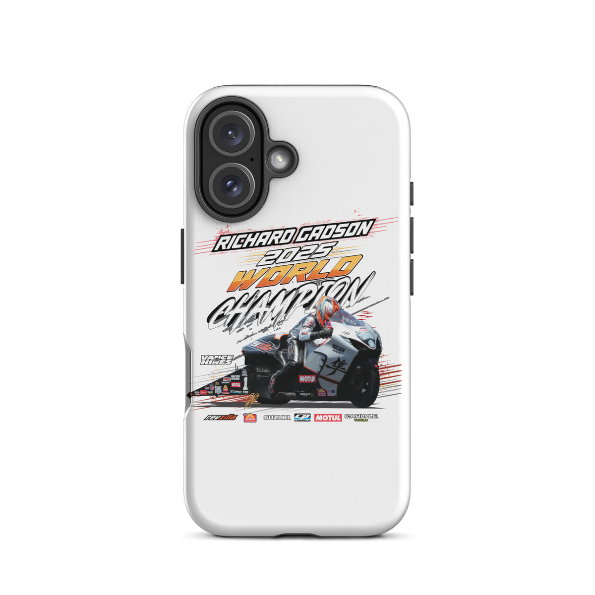 White tough iPhone case with black camera cutout and large motorsport championship print.