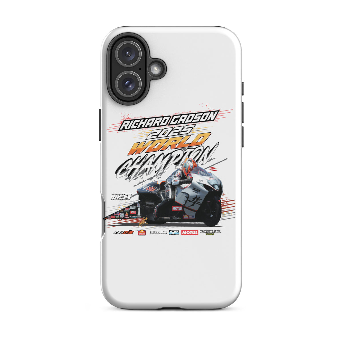 White tough iPhone case with racing graphic and raised camera cutouts