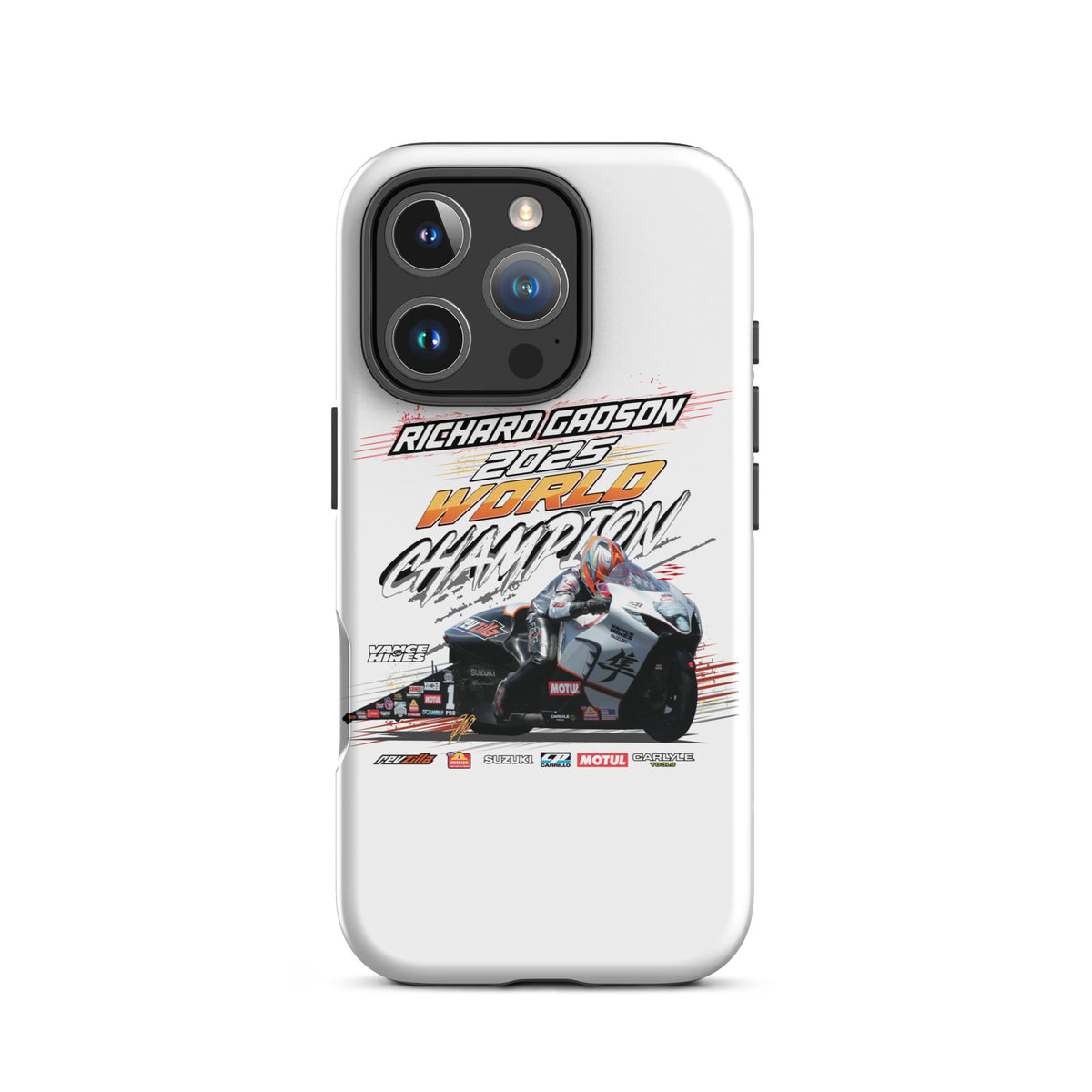 White tough iPhone case with racing graphic, multi-lens camera cutout and buttons