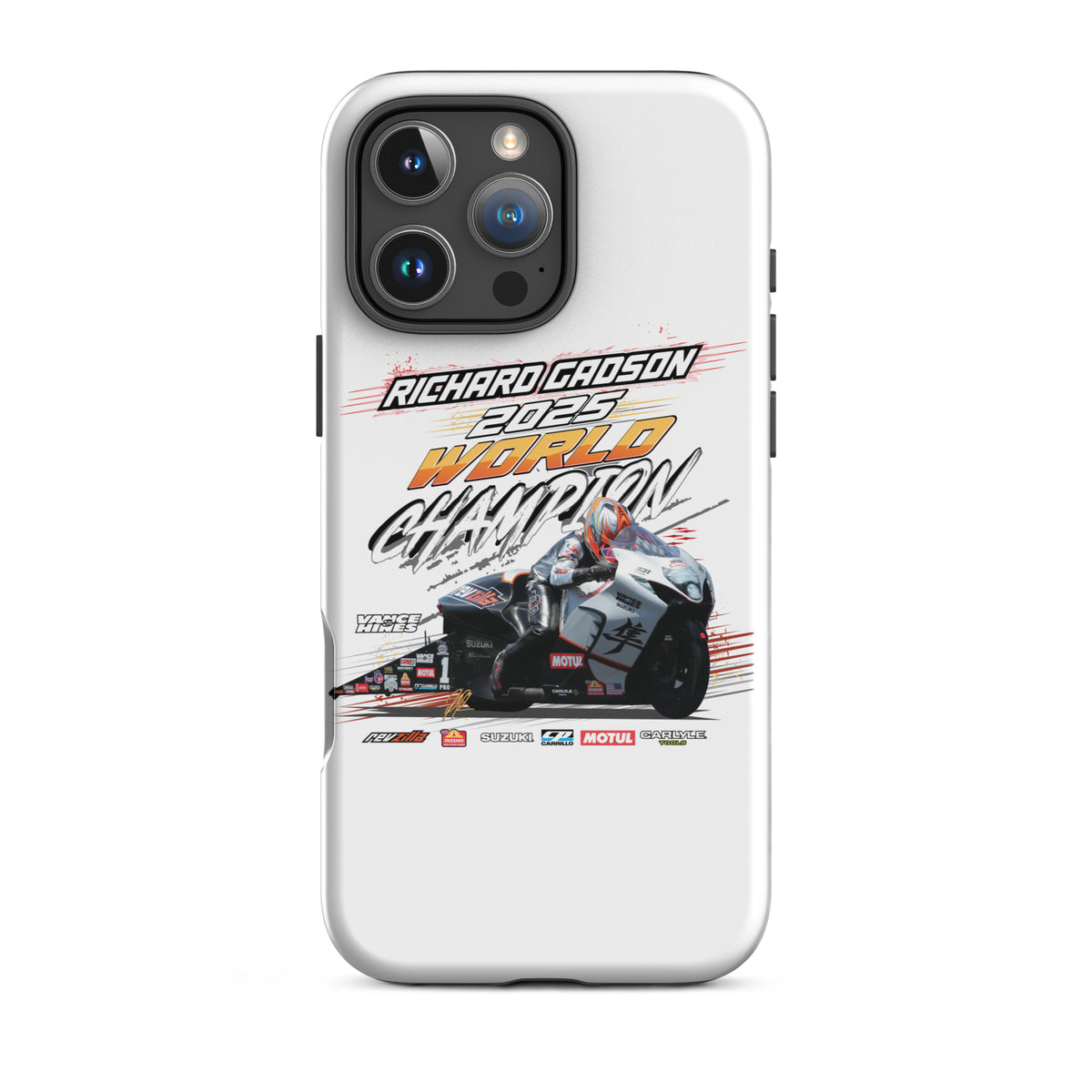 White tough iPhone case with racing graphic and triple-lens camera cutout
