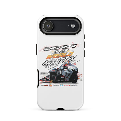 White tough iPhone case with racing graphic and horizontal camera-bar cutout