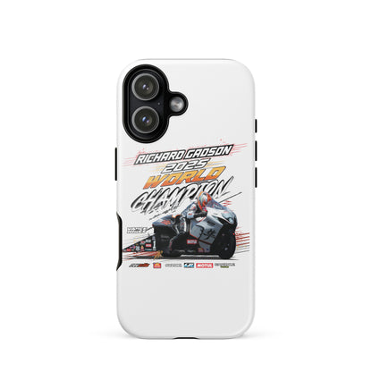 White tough iPhone case with racing graphic and dual-lens camera cutout