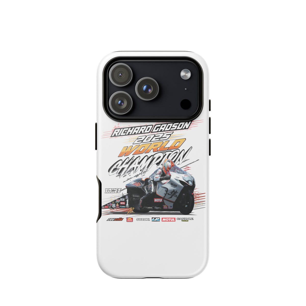 White tough iPhone case with racing graphic and circular camera lens cutouts