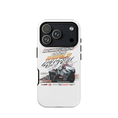 White tough iPhone case with racing graphic and circular camera lens cutouts