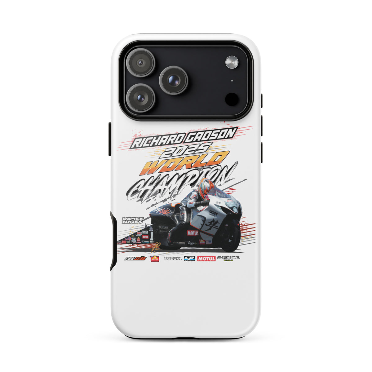 Black tough iPhone case with racing graphic and camera lens cutouts
