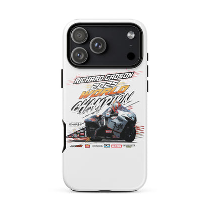 Black tough iPhone case with racing graphic and camera lens cutouts