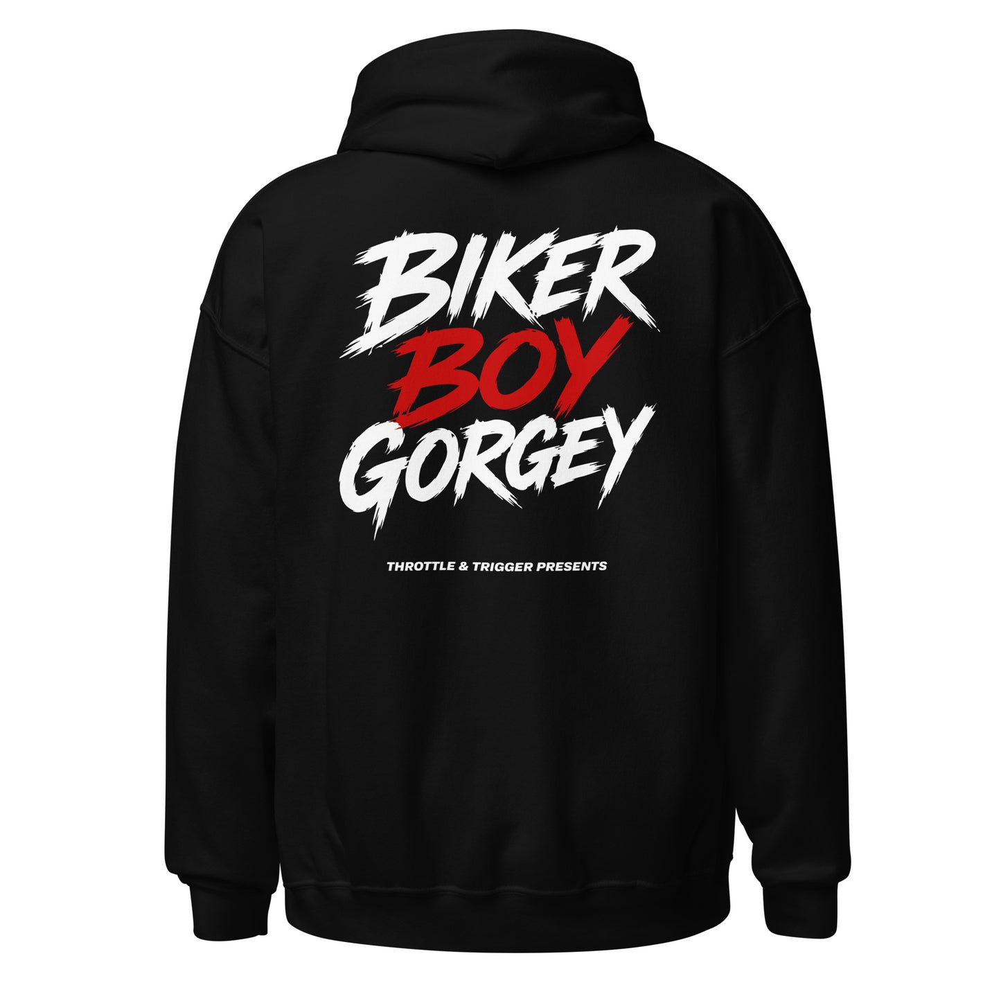 Black unisex hoodie with large back print: BIKER BOY GORGEY