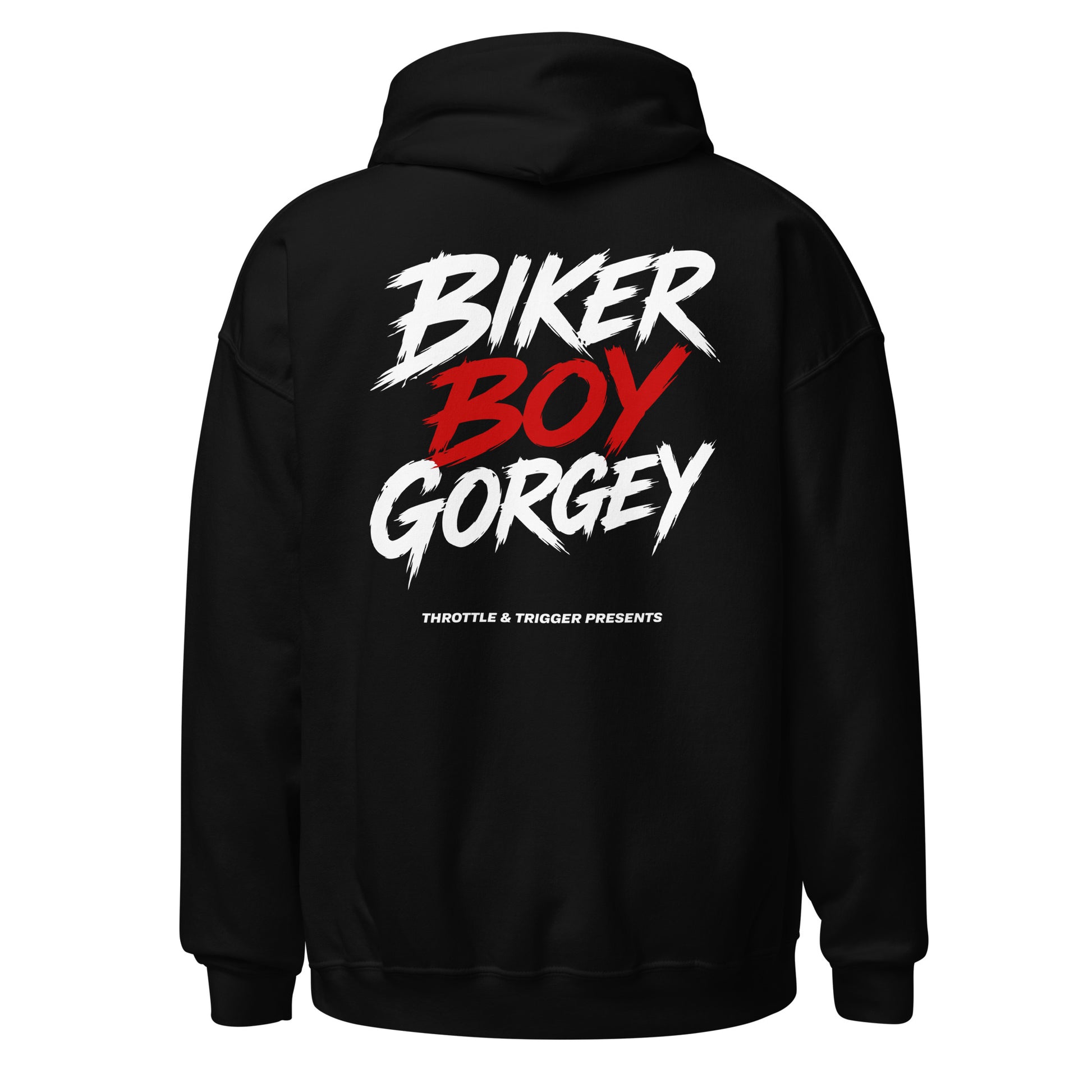 Black unisex hoodie with large back print: BIKER BOY GORGEY