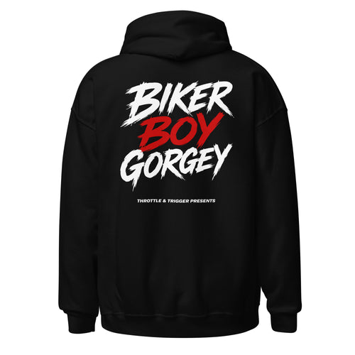 Black unisex hoodie with large back print: BIKER BOY GORGEY