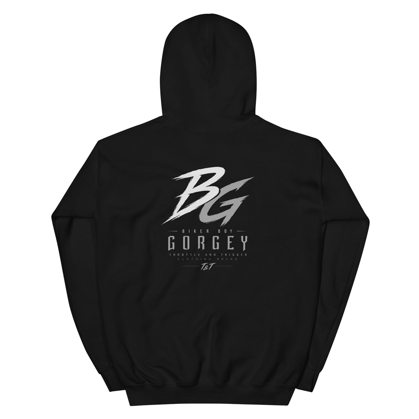 Unisex black hoodie with large BG logo and GORGEY text on back