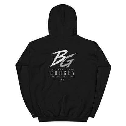 Unisex black hoodie with large BG logo and GORGEY text on back