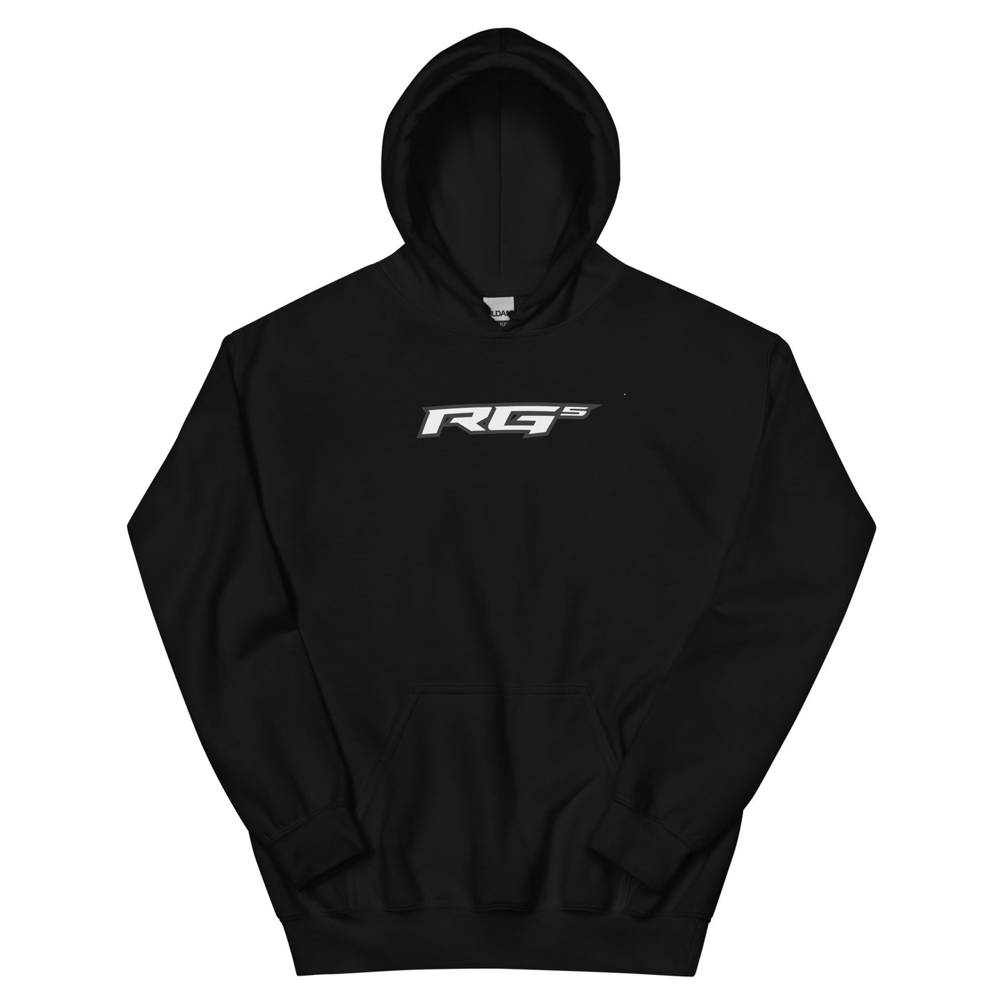 Black RG5 logo hoodie with front hood and kangaroo pocket
