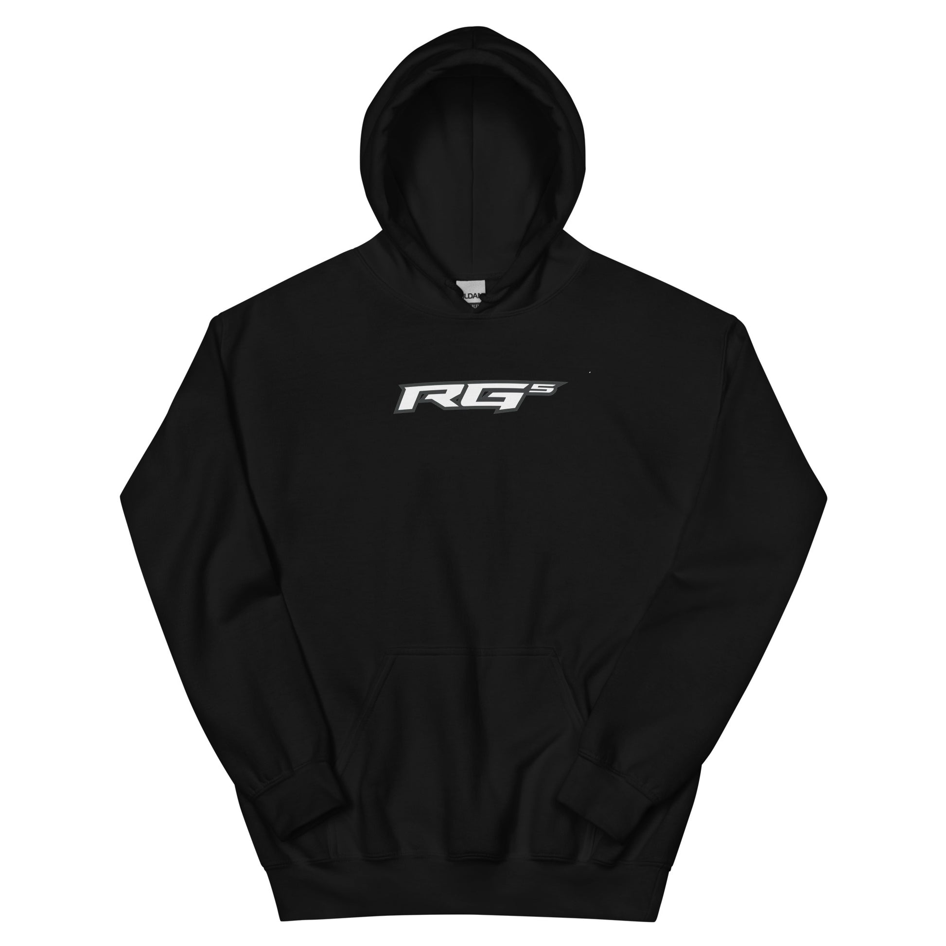 Black RG5 logo hoodie with front hood and kangaroo pocket