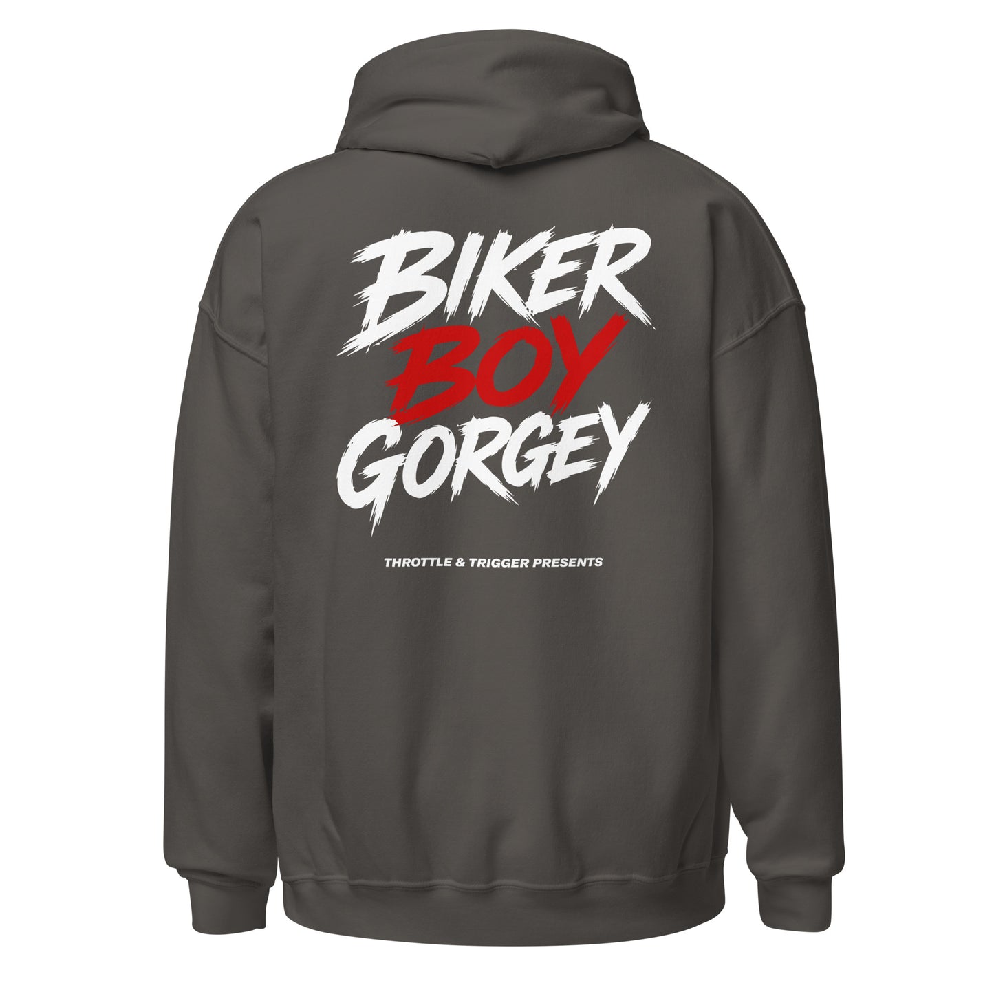 Charcoal unisex hoodie with large back print: BIKER BOY GORGEY