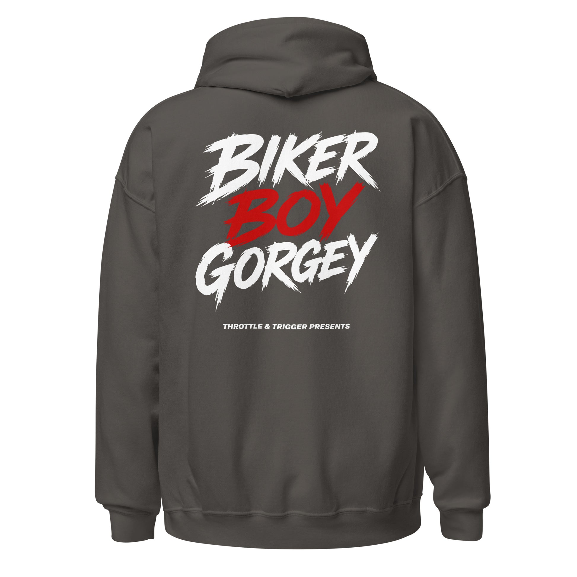 Charcoal unisex hoodie with large back print: BIKER BOY GORGEY