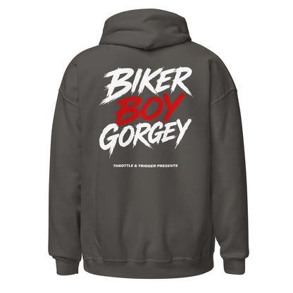 Charcoal unisex hoodie with large back print: BIKER BOY GORGEY