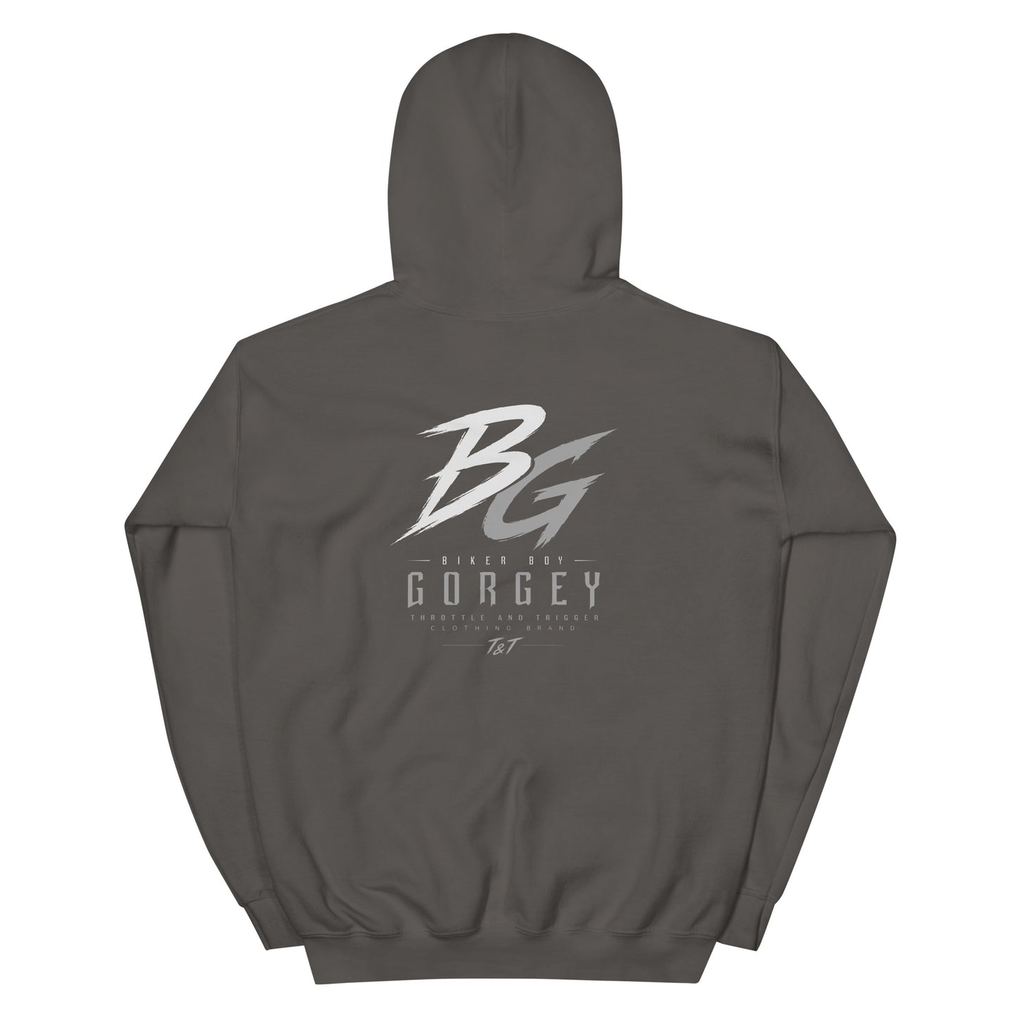 Unisex charcoal hoodie with large BG logo and GORGEY text on back