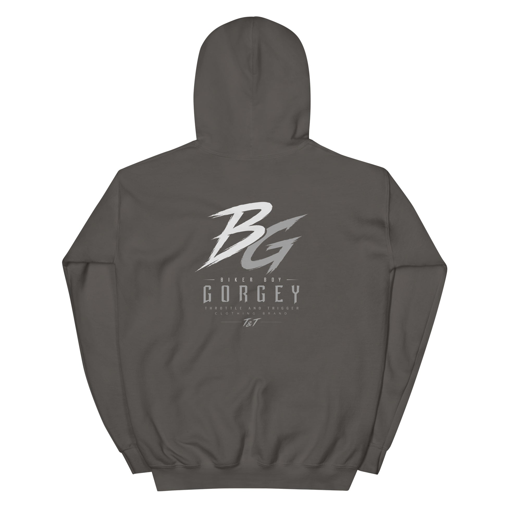 Unisex charcoal hoodie with large BG logo and GORGEY text on back