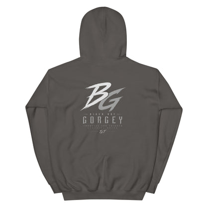 Unisex charcoal hoodie with large BG logo and GORGEY text on back