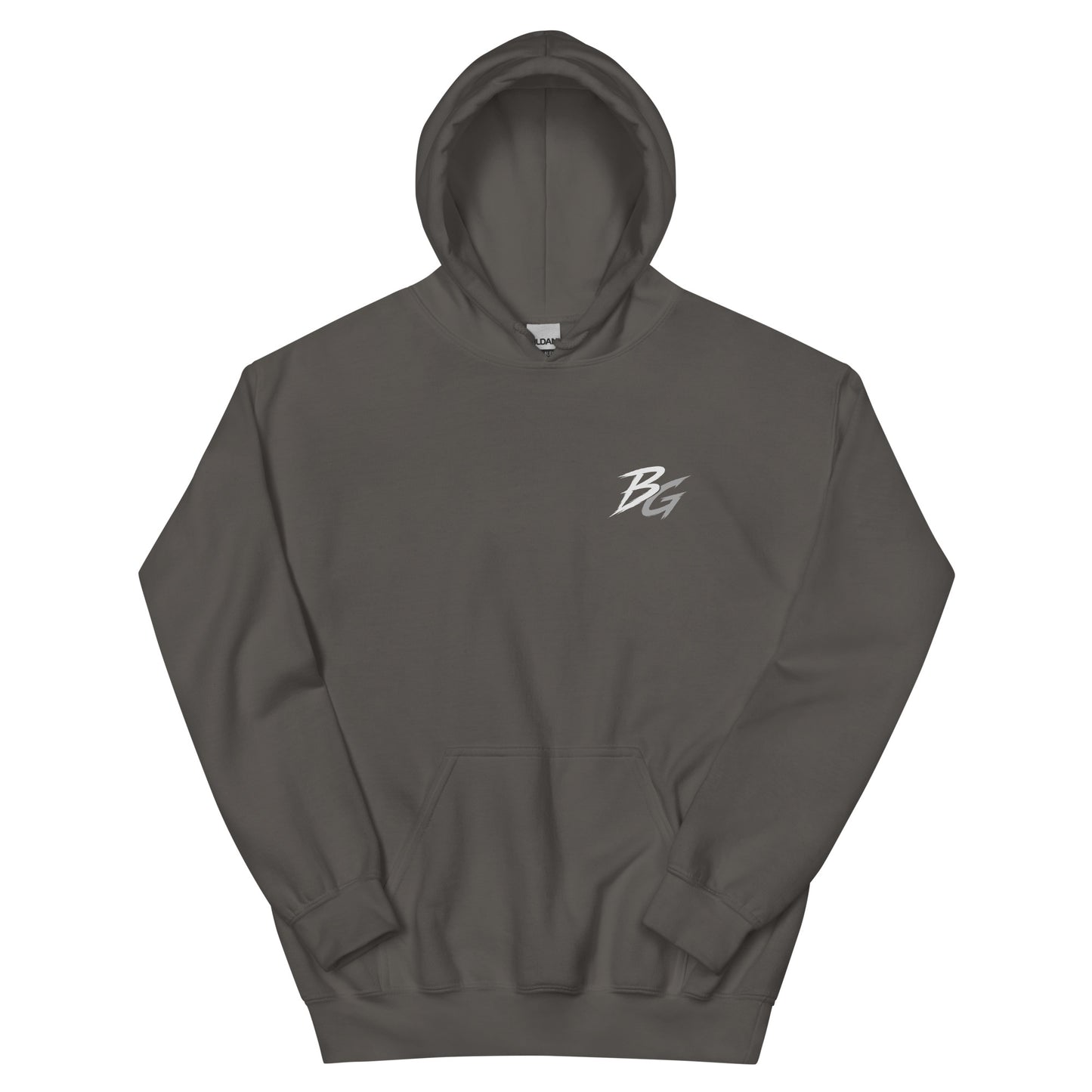 Unisex charcoal hoodie with small BG logo on chest