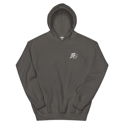 Unisex charcoal hoodie with small BG logo on chest
