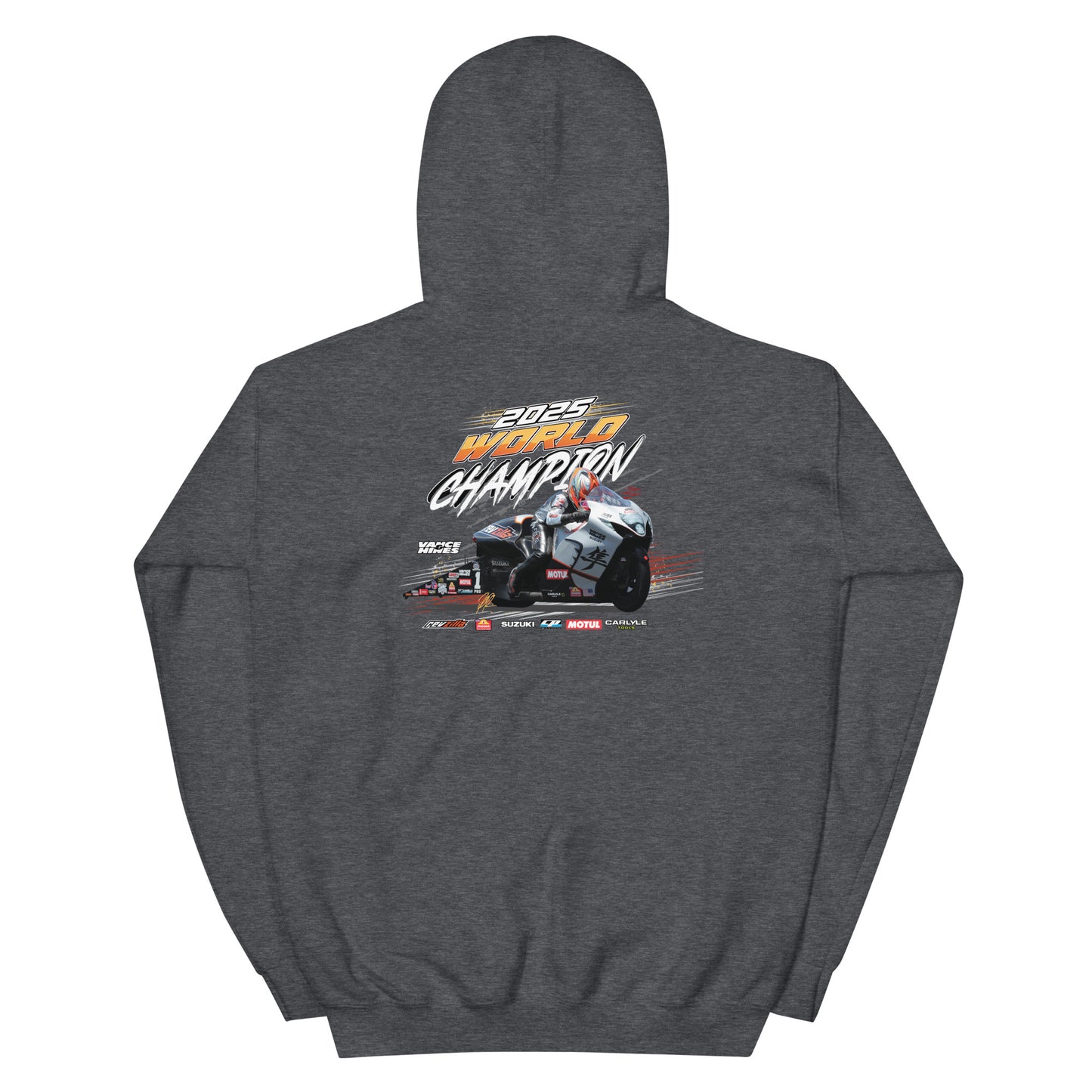 Dark heather gray hoodie with back racing graphic print and kangaroo pocket