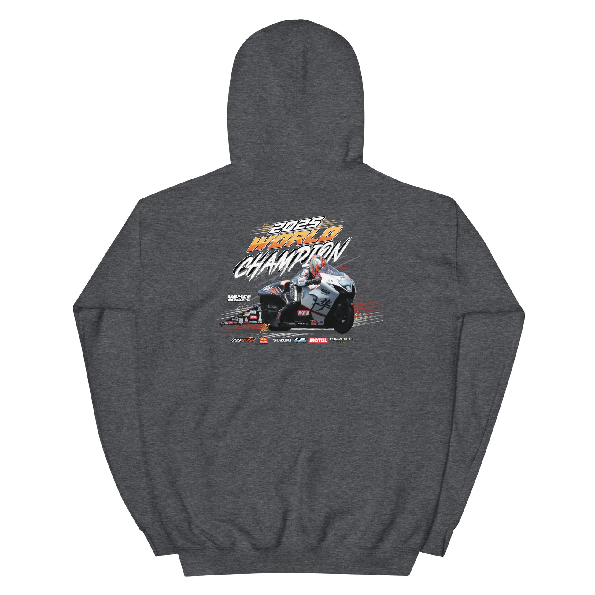 Dark heather gray hoodie with back racing graphic print and kangaroo pocket