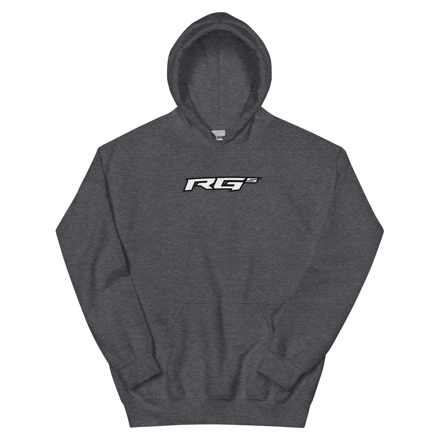 Dark heather gray hooded sweatshirt with front RG5 logo and kangaroo pocket