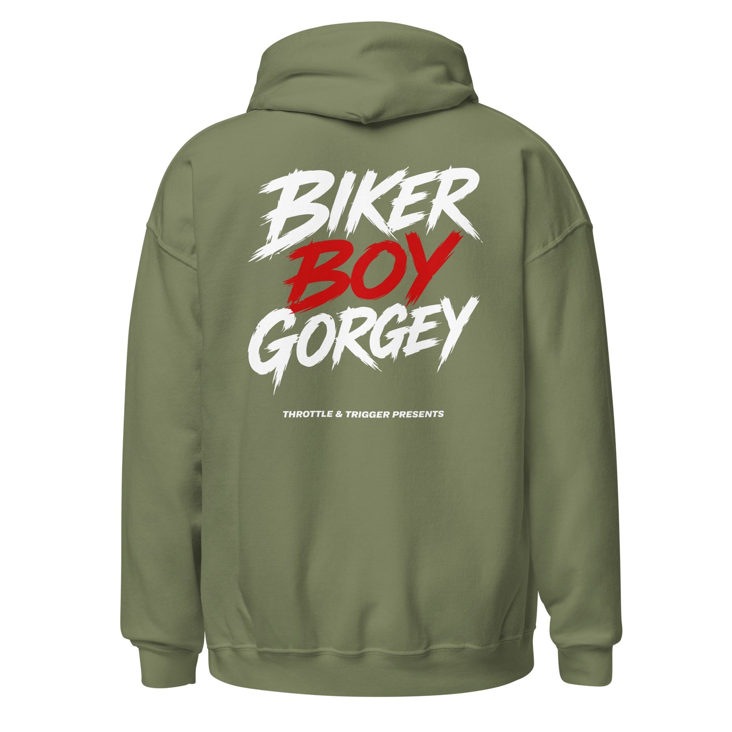 Military green unisex hoodie with hood and kangaroo pocket, back graphic: BIKER BOY GORGEY