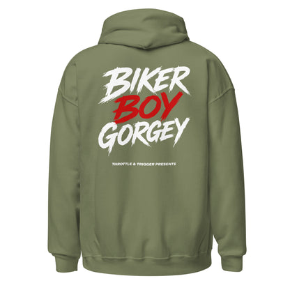 Military green unisex hoodie with hood and kangaroo pocket, back graphic: BIKER BOY GORGEY
