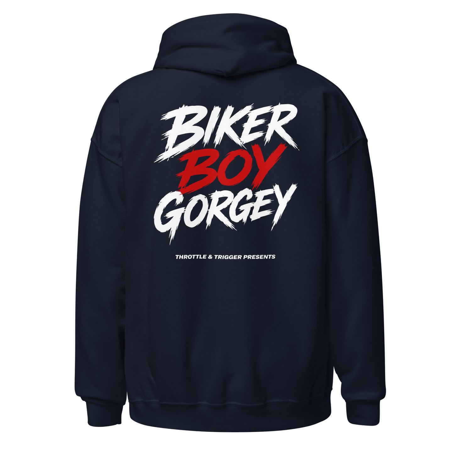 Navy unisex hoodie with large back print: BIKER BOY GORGEY