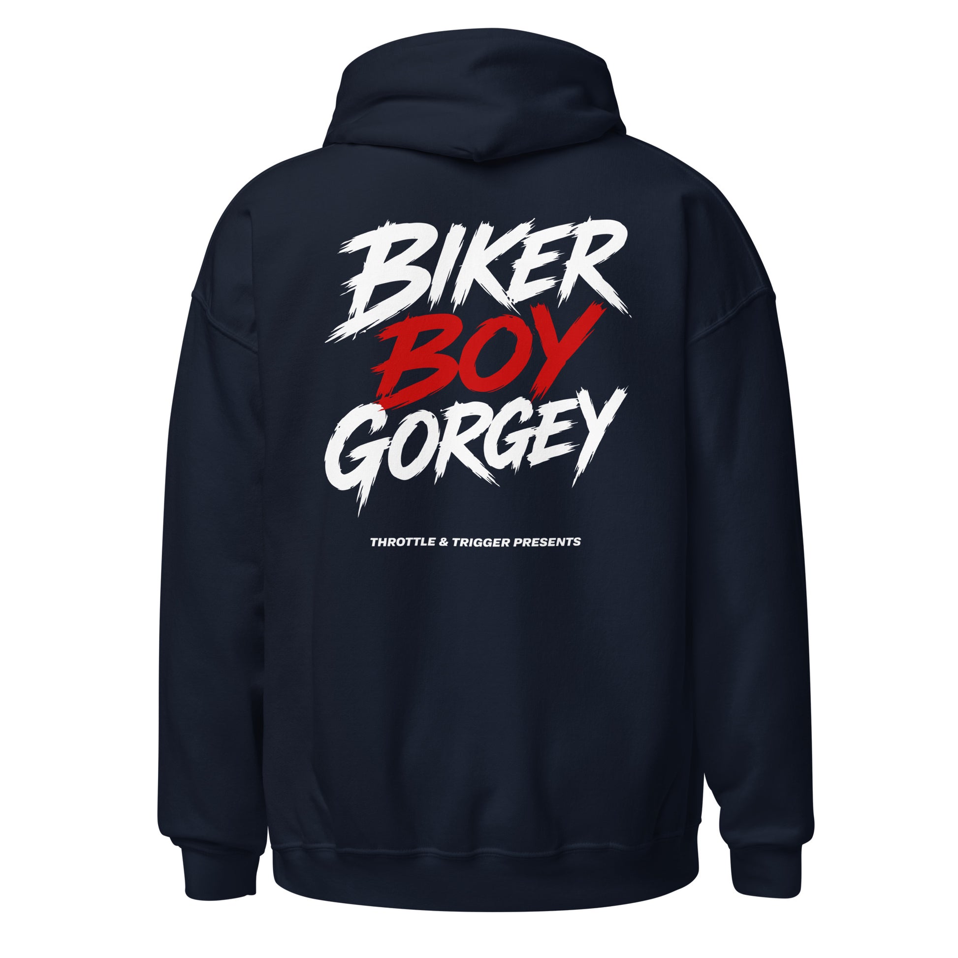 Navy unisex hoodie with large back print: BIKER BOY GORGEY