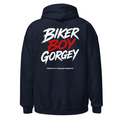 Navy unisex hoodie with large back print: BIKER BOY GORGEY