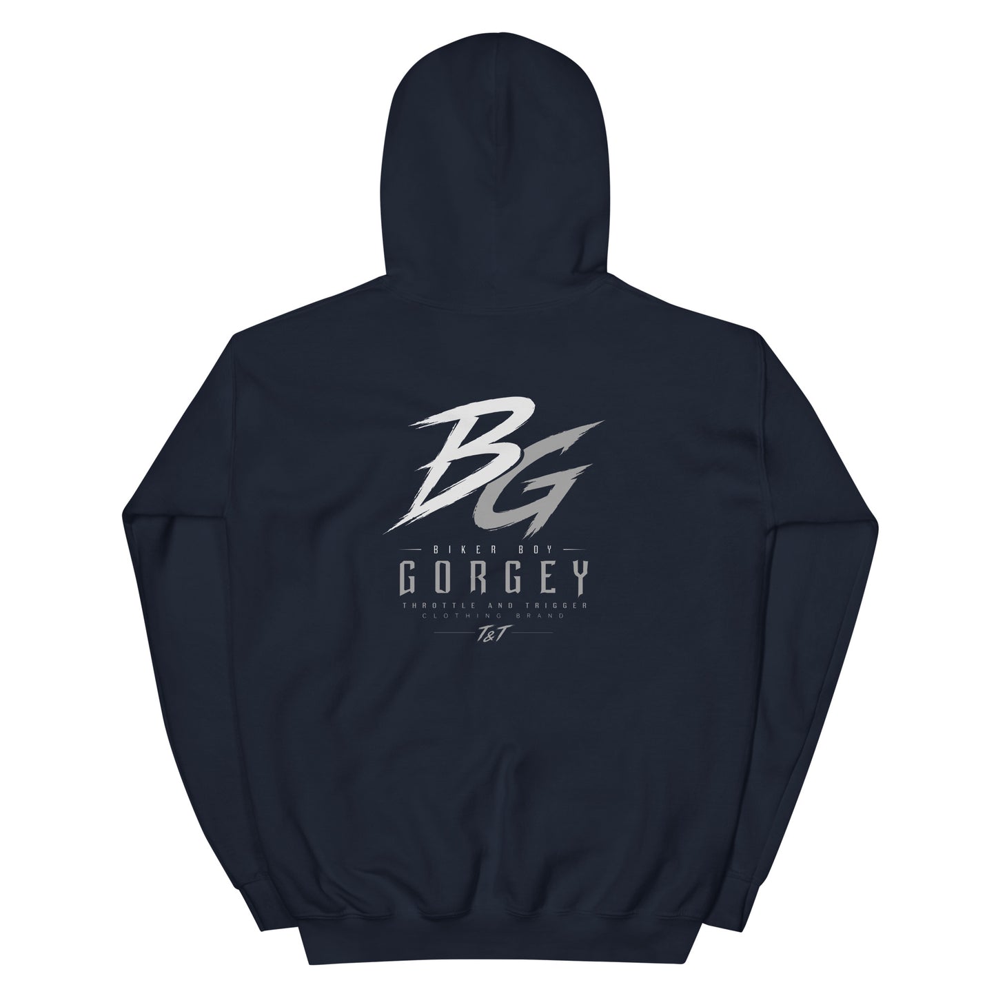Unisex navy hoodie with large BG logo and GORGEY text on back