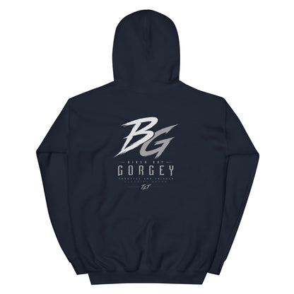 Unisex navy hoodie with large BG logo and GORGEY text on back