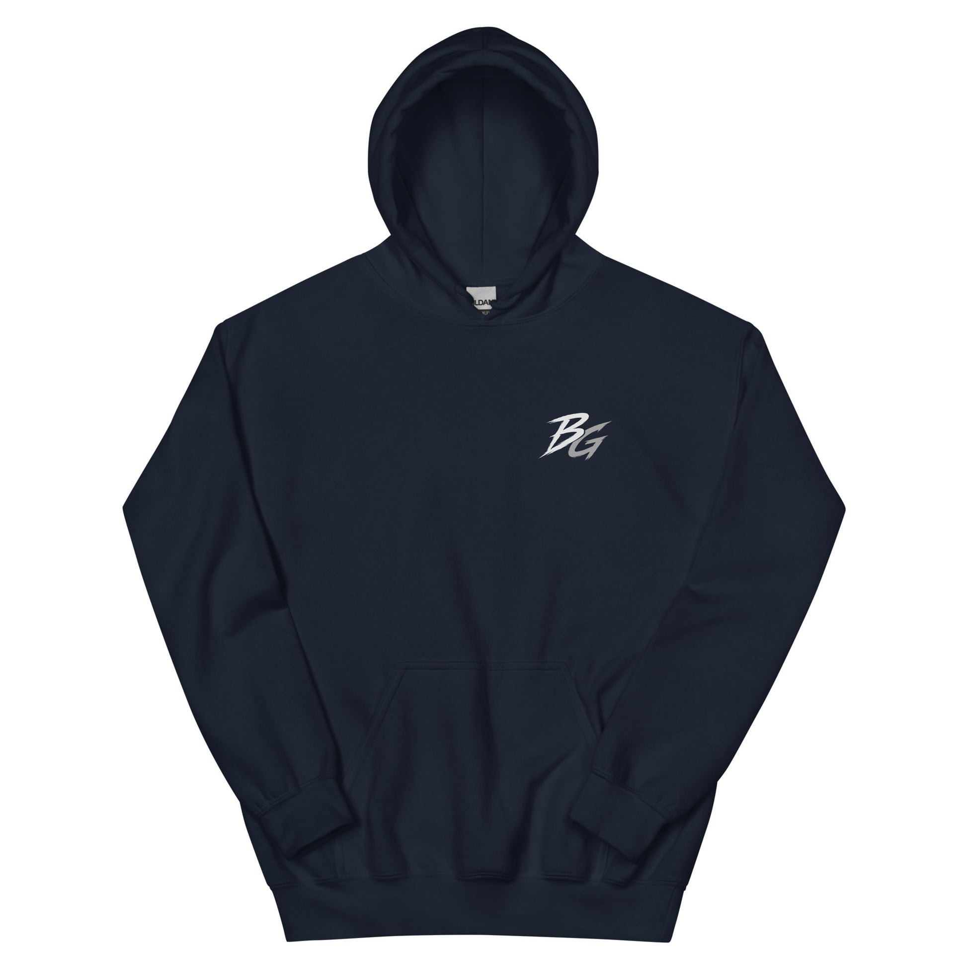 Unisex navy hoodie with small BG logo on chest