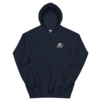 Unisex navy hoodie with small BG logo on chest