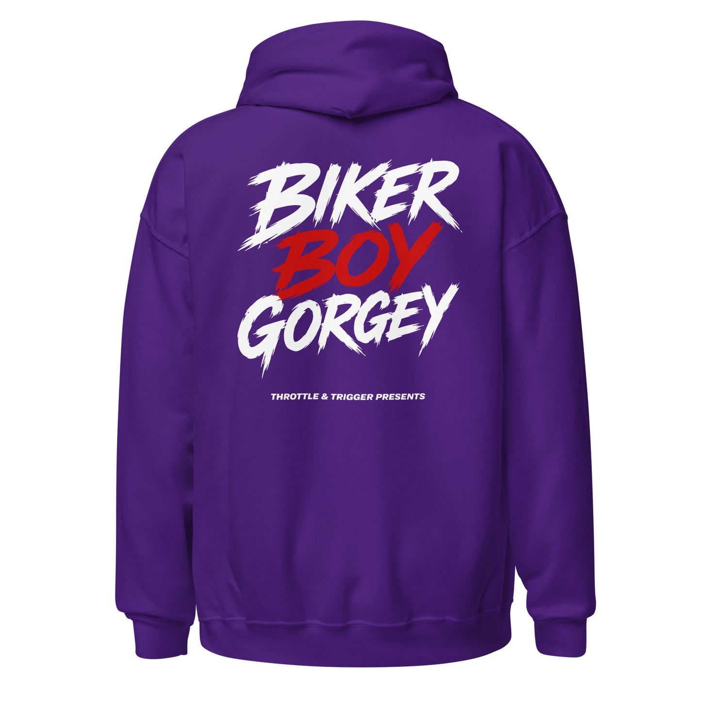 Purple unisex hoodie with large back print: BIKER BOY GORGEY