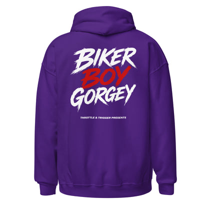 Purple unisex hoodie with large back print: BIKER BOY GORGEY