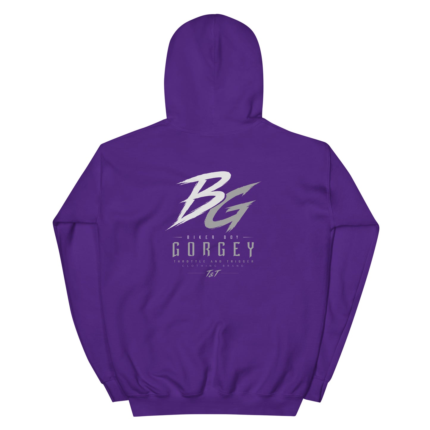 Unisex purple hoodie with large BG logo and GORGEY text on back