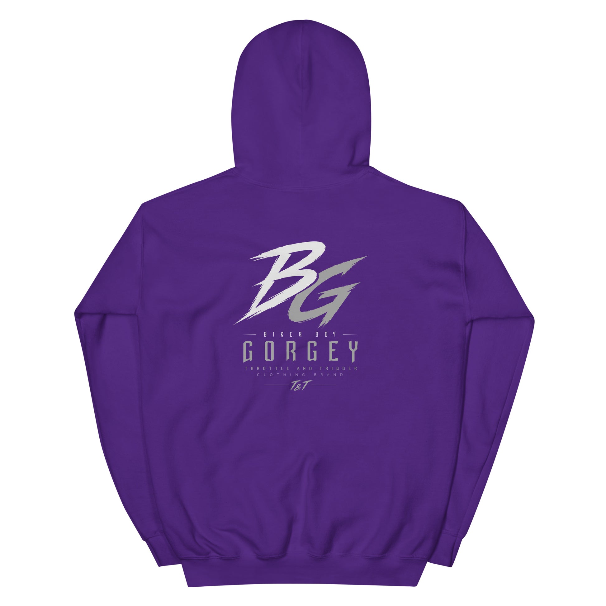 Unisex purple hoodie with large BG logo and GORGEY text on back