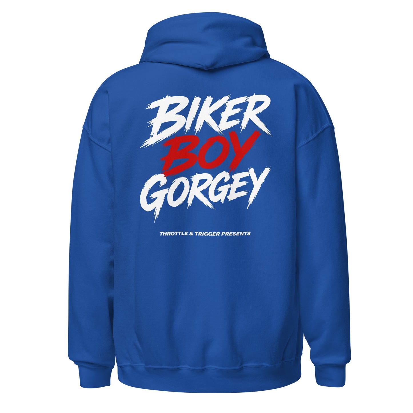 Royal blue unisex hoodie with large back print: BIKER BOY GORGEY