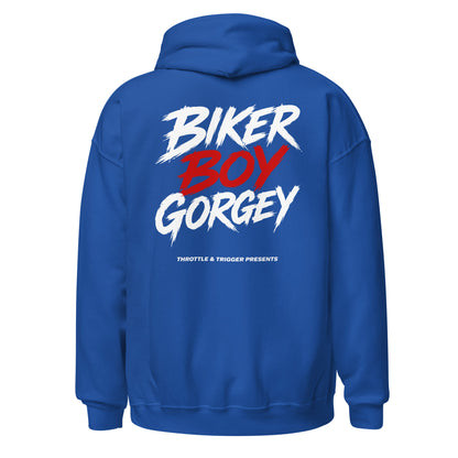 Royal blue unisex hoodie with large back print: BIKER BOY GORGEY